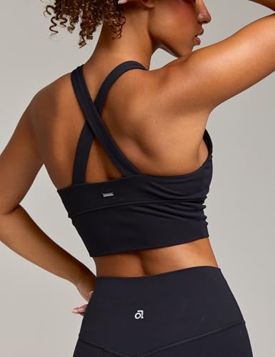 Women's Serene Scrunch Longline Sports Bra V Neck Padded Yoga Tank Wide Straps Cross Back Crop Tops - color: Black, size: X-Small