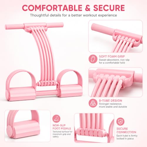 Pedal Resistance Band with Handle, Sit Up Exercise Equipment | Upgraded 8-tube multifunction pedal resistance band for home gym. Non-slip foam handles and foot pedals for full body workout - color: Pink
