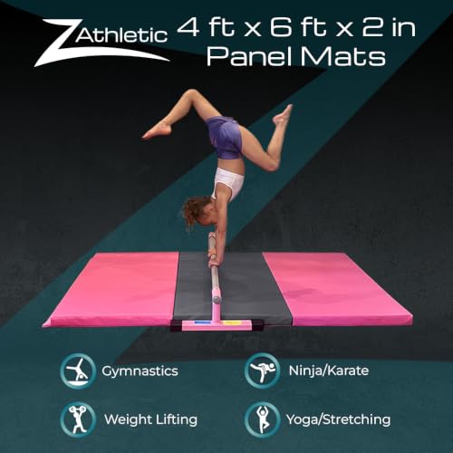 Z Athletic Folding Mat for Gymnastics, Tumbling, Cheerleading, and More, 4 Ft x 6 Ft x 2 In - color: Pink and Grey