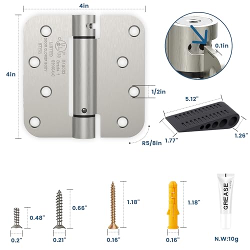 2 Pack 4 Inch Self Closing Door Hinges Kit, Satin Nickel | Spring loaded; includes door stopper, lubricant and 16 anchors; 5/8" radius; adjustable tension; UL listed - color: Satin Nickel - kit, size: 4" (2 Pack)