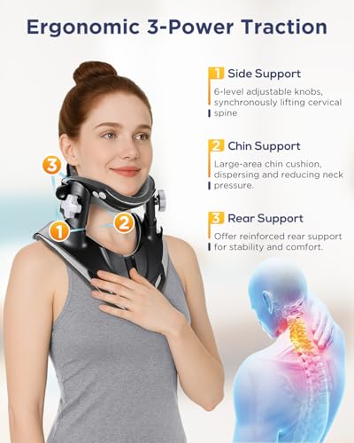 Cervical Traction Device, Neck Stretcher for Pain Relief at Home & Office, 3 Power Traction, Adjustable Ergonomic Support Brace for Spine Alignment, Lightweight and Portable - color: A: Black