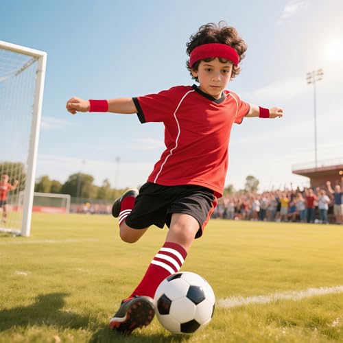 ONUPGO 5 Pieces Kids Sweatbands Soccer Socks Set - Sports Headband, Wristbands, Striped High Socks for Kids, Youth,Toddler & Baby - Football, Basketball, Running, Cycling, Tennis - color: Red