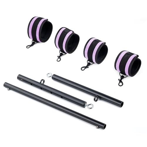 Spreader Bar Heavy Duty Stainless Steel Expandable Silver Bar Home Gym with 4pcs Furry Purple Adjustable Straps,Sports Aid Training Fitness Gear Pilates Aid Kit - style: Black+Purple Furry Kit