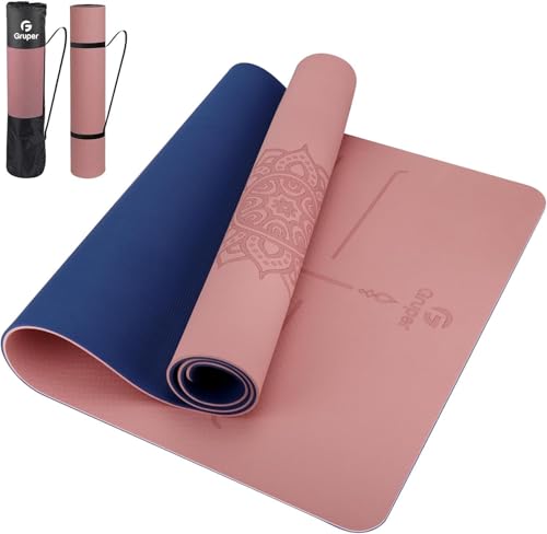 Gruper Yoga Mat Non Slip TPE Extra Wide Yoga Mat with Alignment Mark, 72"L x 32"W x 0.32"/0.24"Th (183cm x 80cm x 8mm/6mm), Anti-Tear Exercise Mat with Carrying Strap and Bag, Workout Mats for Yoga, Pilates - color: PINK BLUE, size: 0.32*32*72 Inches
