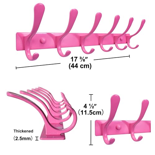 SKOLOO Wall Mounted Coat Rack - 6 Hooks, Pack of 2, Heavy Duty, Stainless Steel, Metal Wall Hanger, Sturdy Coat Hooks for Hanging Coats, Jackets, Clothes, Hats - Pink - color: Pink, size: 6 Hook(2 Pack)