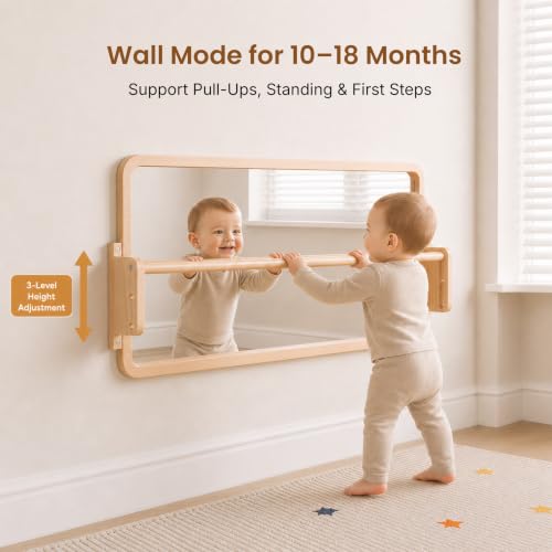 Woodtoe 4-in-1 Montessori Mirror with Bar, Adjustable Tummy Time Floor Mirror, Baby Pull to Stand Toy, Natural Unpainted Solid Wood Frame, Baby Pull Up Bar, Developmental Toys for Nursery (Large Size)