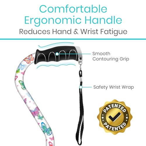 Vive Walking Cane for Women, Men, Elderly - Patented Offset Grip - Lightweight Adjustable Walking Aid with a Non-Slip Tip - Sturdy Balancing Mobility Aid for Seniors - color: White Butterfly