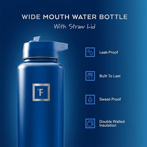 IRON °FLASK 40 oz Wide Mouth Water Bottle with Straw | Insulated Stainless Steel Sports Water Bottle with Leakproof Straw Lid - BPA Free, Cold 24 Hrs, Sweat Free (Twilight Blue) - color: Twilight Blue, style: Straw - 40 Oz (1 Lid)