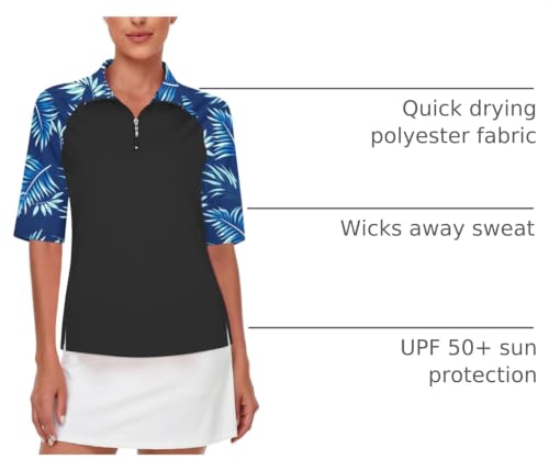 Cucuchy Womens Golf Shirt Half Sleeve Quarter Zip Polo Tennis Shirts Workout Tops - color: B-dark Blue Leaf, size: X-Large