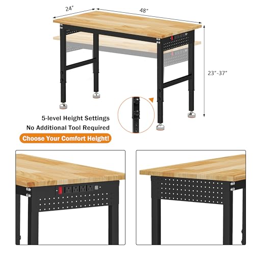Betterhood Adjustable Height Workbench, 48" Rubber Wood Top Heavy Duty Workstation with Power Outlets, 2000 LBS Load Capacity Hardwood Worktable for Workshop, Garage, Office, Home, Commercial - size: Rubber Pad/ Power Outlets/ 2 Pegboard/ 48"x24"x37"