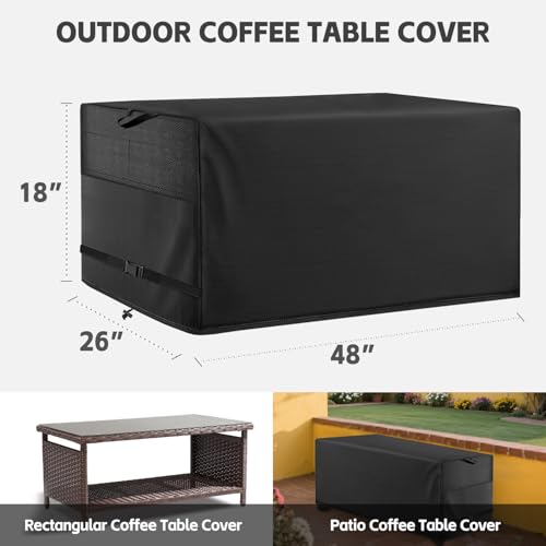 Patio Coffee Table Cover, Black, 48" L x 26" W x 18" H | Heavy Duty, Waterproof, for Outdoor Rectangular Coffee Table - color: Black, size: 48"x 26"x 18"