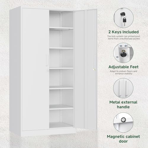 Letaya Metal Storage Cabinet with Lock Door Adjustable Shelf,72" Steel Lockers for Office, Home,School,Kitchen,Garage Tool Utility Cabinet (2 Door-White) - color: White, size: 72 X 36 X 18 In(H X W X D)