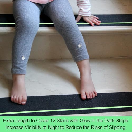 12-Pack 6”x30” Anti Slip Tape with Glow in the Dark Stripe, Pre-Cut Stair Treads Non Slip Traction Tape for Outdoor/Indoor, Waterproof Non Skid Tape for Stair Step, Easy to Install - color: Black/Green, size: 6" x 30"