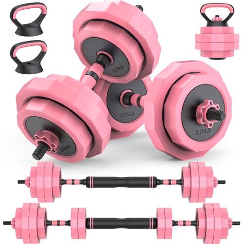 Rendpas Adjustable Dumbbell Set of 2 with Connector, 45/65/85 lbs Free Weights, 4-in-1 Barbell Kettlebell Push Up Stand Home Gym for Men Women - color: 45LB-pink