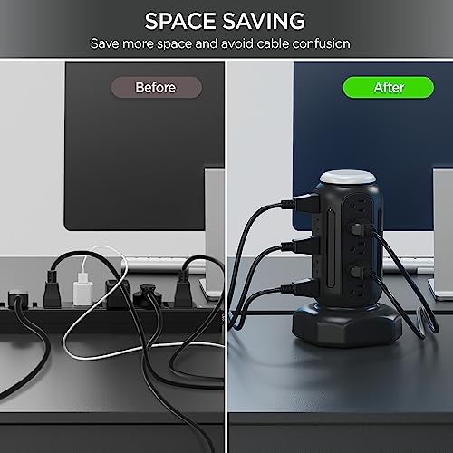 Multiple Outlets Power Strip Tower with Colorful Nightlight, 15 AC Outlets and 6 Fasting USB Ports, 6.5ft Extension Cord, 900J Surge Protector with Outlet Overload Protection for Home, Office (Black) - color: Black -PD 20W