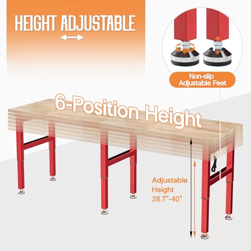 SPECRAFT 84" Red Adjustable Heavy Duty Workbench with 4 AC Outlet and 2 USB Ports Power Outlets, 6000 Lbs Capacity, Rubber Wood Top for Garage, Workshop, Office - color: Red, size: Standard/84"x24"