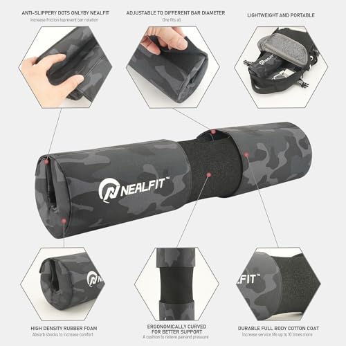 NEALFIT Barbell Squat Pad with Thick Nylon Padding, Hip Thrust Pad for Squats, Lunges, Neck Shoulder Squat Pad for Olympic or Standard Bars - color: Camo