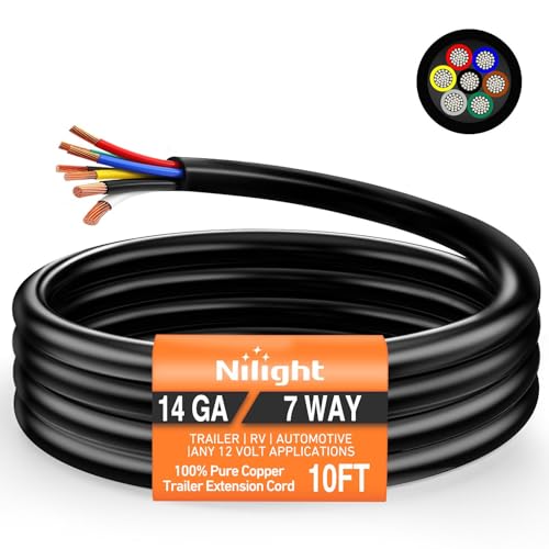 Nilight 10 Feet 7 Way Trailer Extension Cable RV Standard Wire 14 Gauge 7 Conductor 100% Pure Copper Insulated Heavy Duty Cord Weatherproof for 7 Pin Blade Truck Camper RV Automotive - color: RV Standard Trailer Cord 10FT