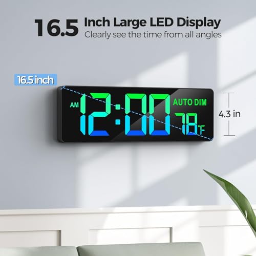 REACHER 16.5" Large Digital Wall Timer Clock with Countdown for Classroom | Auto dimmer, temperature, Remote Control, Colorful LED wall clock for teacher, school, home decor, kitchen, gym, living room - color: Black