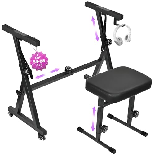 Digital Piano Keyboard Stand and Bench Set - Heavy Duty Adjustable Portable Music Stand and Bench Seat for 54-88 Key Electric Pianos