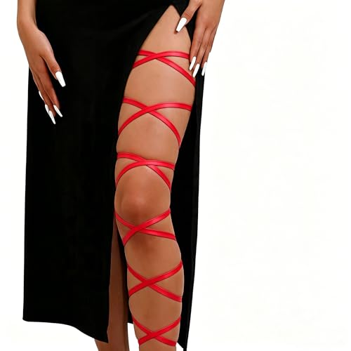 Elastic Cross Thigh Garter String Chain Leg Wraps, Punk Black Harajuku String Chain Body Jewelry for Women - color: Red