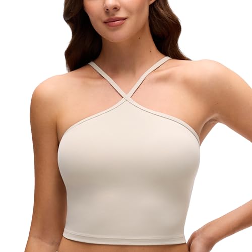 CRZ YOGA Butterluxe Cross Neck Crop Tank Tops | Light Support, Removable Pads, Yoga, Extremely Soft, Square Back, Spaghetti Straps, Longline Sports Bras for Women - color: Mojave Tan, size: Medium