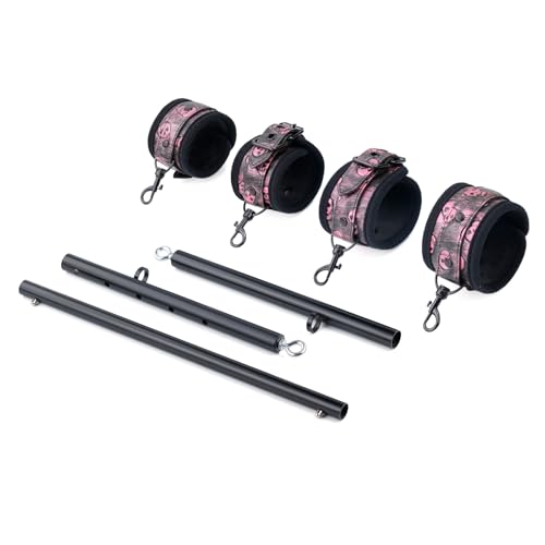 Spreader Bar Heavy Duty Stainless Steel Expandable Bar Home Gym with 4pcs Furry Crocodile Adjustable Strap,Sports Aid Training Pilates Aid Kit,Indoor Yoga Set - style: Black+Black-Pink PU Kit