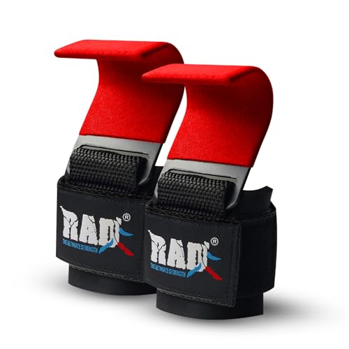 RAD Weight Lifting Hooks (Pair) Comfortable Anti-Rip Nylon Strap Extra Strong Hand Grips for Men & Women Powerlifting Heavy Duty Thick Wrist Padding Gym Workout Enhancer for Power Deadlift Pull Up - color: Red