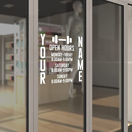 Catchy Custom Business with Open Hours Gyms Name and Barbell - Fitness and Gym Open Decal for Indoor and Outdoor Use - Personalized Custom Gym Logo Sticker - color: Dec 22