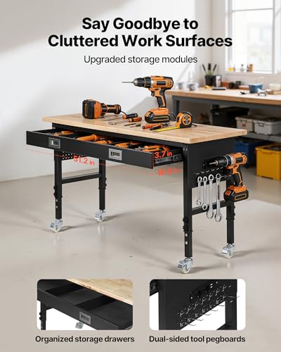 VEVOR 60-inch Adjustable Workbench, 1500 lbs Load Capacity, Garage Workbench with Drawer, Power Outlet, Wheels, and Pegboard, Heavy Duty Oak Wood Top Work Table for Garage, Workshop, Office, and Home - size: Drawer│Universal Wheels│60"x24"x41.7"