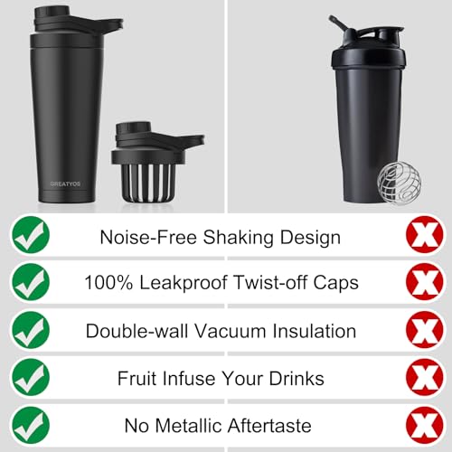 Greatyos Stainless Steel Shaker Bottle with Noise-Free Design - Patented 24 oz Insulated Metal Shakers Bottles Cup for Protein Mixes and Pre Workout 100% Leak Proof (Black) - color: Black