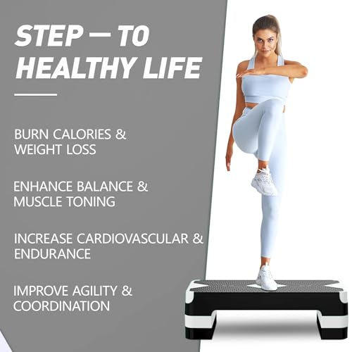 GYMMAGE Aerobic Exercise Step, Adjustable Height, | Aerobic Workout Step Platform for Exercise, 26.5" Step Deck with Adjustable Height, Women Home Gym Cardio Fitness - color: White
