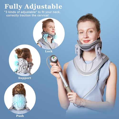 Cervical Neck Traction Device, Adjustable Cervical Traction Device with 3 Power Traction, 8 Airbag Support for Neck Pain Relief Neck Stretcher Air Pump Neck Brace - color: Grey Manual Air Pump
