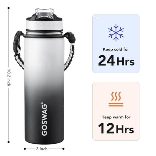 GOSWAG 24oz Insulated Stainless Steel Travel Water Bottle, 2 Lids | with straw and no straw, Paracord handle, Double-wall vacuum keeps drinks cold or hot, Leakproof tumbler - color: Gray-Black Ombré