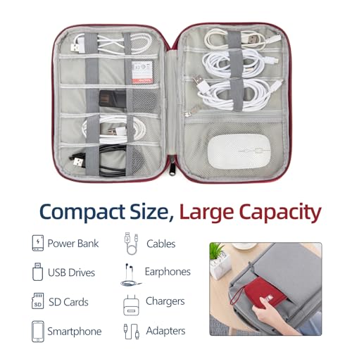 Cord Organizer Travel Case, Cable Organizer Bag for Chargers, USB Cables, Power Bank & Electronics Accessories, Portable Tech Organizer Pouch with Mesh Pockets, Water Resistant Travel Gear Bag - color: red, size: S