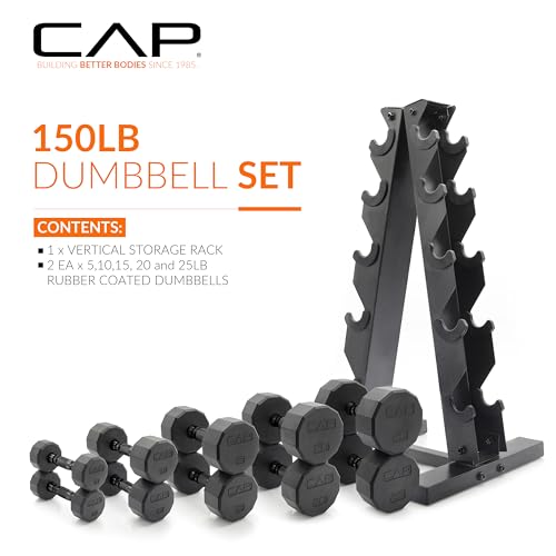 CAP Barbell 150 LB Coated Hex Dumbbell Weight Set with Vertical Rack | Multiple Options - color: Red Rack, style: 12-Sided Black Handle