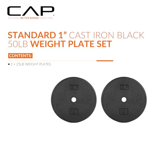 CAP Barbell Standard 1-Inch Cast Iron Weight Plates - Singles & Sets | 1.25-50 lbs | Multiple Options - color: Black, size: 25 lb - Set of 2