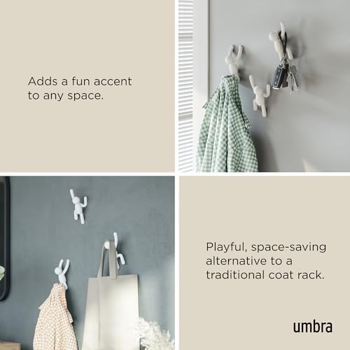 Umbra Buddy Wall Hooks, Decorative Wall Mount Coat Hooks, Set of 3, White | Easy install with hardware, holds 5lbs per hook, entryway bedroom bathroom dorm, playful hanging storage, recycled plastic - color: White