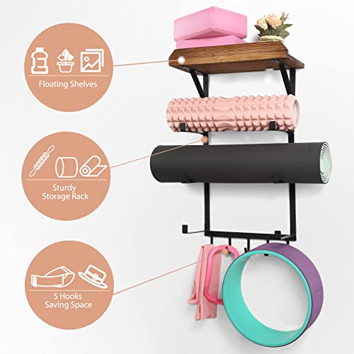 Yoga Mat Holder Wall Mount,17" x 28" Yoga Mat Rack Home Gym Accessories, Storage for Foam Roller, with Wood Floating Shelves and 5 Hooks for Hanging Yoga Strap and Resistance Bands - color: Carbonized Black