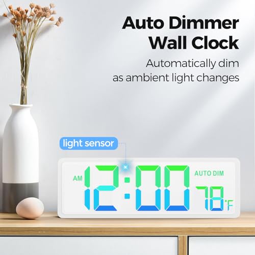 REACHER 16.5" Large Digital Wall Timer Clock, Countdown/up, Remote Control | Auto dimmer, temperature, rainbow LED wall clock for teacher, classroom, home decor, living room, office, gym, cable tidy - color: White