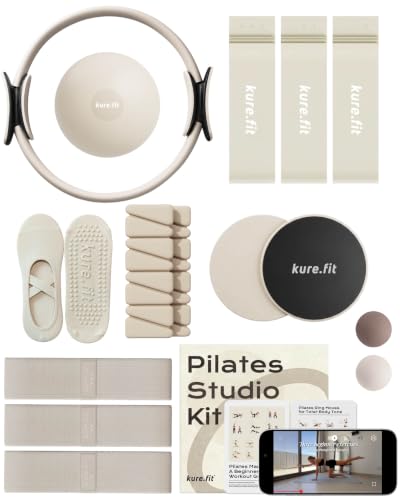 Pilates Kit for Women – Home Pilates Equipment Set with Ring, Ball & Resistance Bands | Pilates Starter Kit with Accessories in Gift Box - color: Beige, style: Studio Kit - 15PC