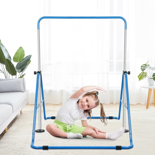 Expandable Gymnastics Bars with Ring, Adjustable Height Gymnastic Horizontal Bars, Gym Junior Training Bar Children Folding Training Monkey Bars for Kids - color: Blue
