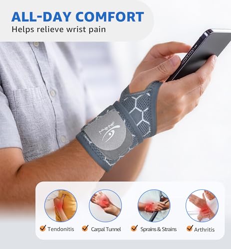 HiRui Upgraded 3D Knit Breathable Wrist Brace Wrist Wrap, Extended Length Adjustable Compression Strap, Elastic Support for Wrist Pain Relief, Carpal Tunnel, Sports, Gym & Daily Use (2, Gray) - color: Gray