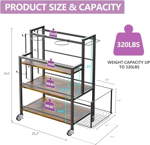 EasyCom Home Gym Storage, 4 Tier Large Capacity Rack for Dumbbells Kettlebells Foam Roller, Yoga Mat Strap and Resistance Bands, Exercise/Workout Equipment Storage Gym Organizer With Hooks and Wheels