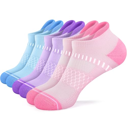 IRAMY Light Compression Socks for Women Arch Support Athletic Cushioned Anti-Blister Comfort Running Ankle Socks 3/5 Pairs - color: Pink+purple+blue(3 Packs), size: 6-9