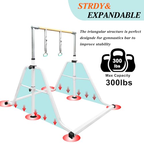 Foldable & Moveable Gymnastics Horizontal Bar with Rings,3’to 5’Adjustable Height Expandable Junior Kip Bar for Home,Indoor Gym Equipment for Kids - style: White with MAT