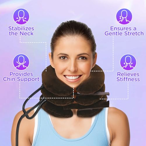 Lit-Pack Cervical Neck & Vertebra Traction Device for Neck Pain Relief, Adjustable Inflatable Neck Stretcher Pillow for Neck Tension Relief Decompression Neck Brace Pump with Carrying Bag Brown - color: Brown
