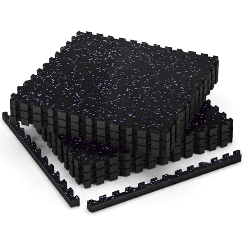 AIRHOP 1'' Ultra-Thick 24 Sq Ft Rubber Top Gym Flooring for Home Gym | 6 Tiles, High Density EVA Foam, Waterproof & Non-Slip Rubber, Interlocking Puzzle Mats, Heavy Duty Floor Protection, 24"x24" - color: Black/Purple, size: 24 Sq Ft (6 Tiles)
