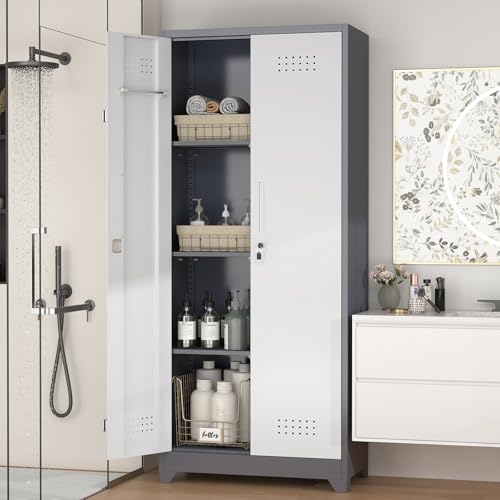 IRONFFICE Metal Garage Storage Cabinets,Broom Closet Storage Cabinet with Doors and Shelves,Tall Utility Closet Cabinet with Pegboard,Laundry Cabinet for Garage,Warehouse,Home,Basement,Grey-White - size: 15.74"D x 23.62"W x 65"H-Grey/white