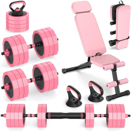 Rendpas 4-in-1 Adjustable Dumbbell Set with Foldable Weight Bench, Convert to Barbell Kettlebell Push-Up Stand, 800LBS Bench 10 Angles Incline Decline Flat, Home Gym Weight Set - color: Pink, size: 85LB Dummbell Set & Adjustable Bench